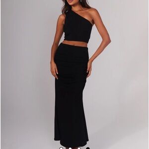 NWT Klassy Network Black One-Shoulder Cropped Top and Maxi Skirt Set